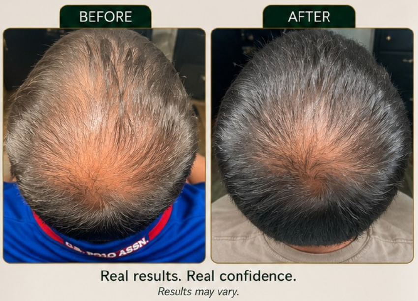 Overhead before and after view of crown hair restoration treatment results showing increased density on a male scalp.